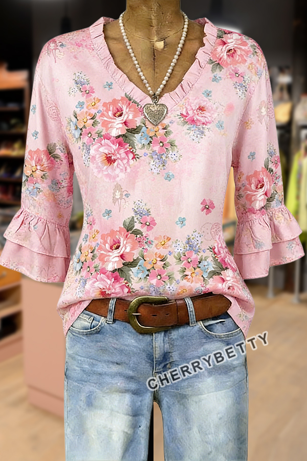 Vintage Floral Print V-Neck Ruffle Sleeve Top