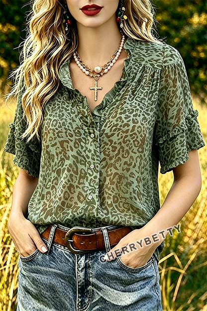 Vintage Leopard Print Ruffle Neck Top
