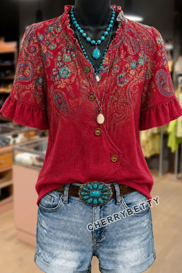 Gradient Paisley Print V-Neck Ruffle Sleeve Blouse