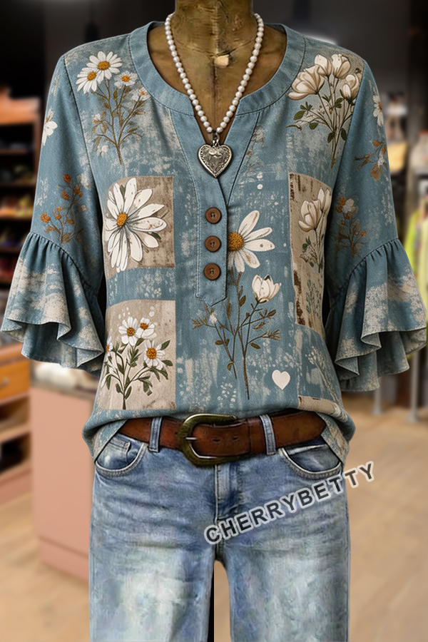 Mixed Vintage Floral Print Notch Neck Ruffle Sleeve Blouse