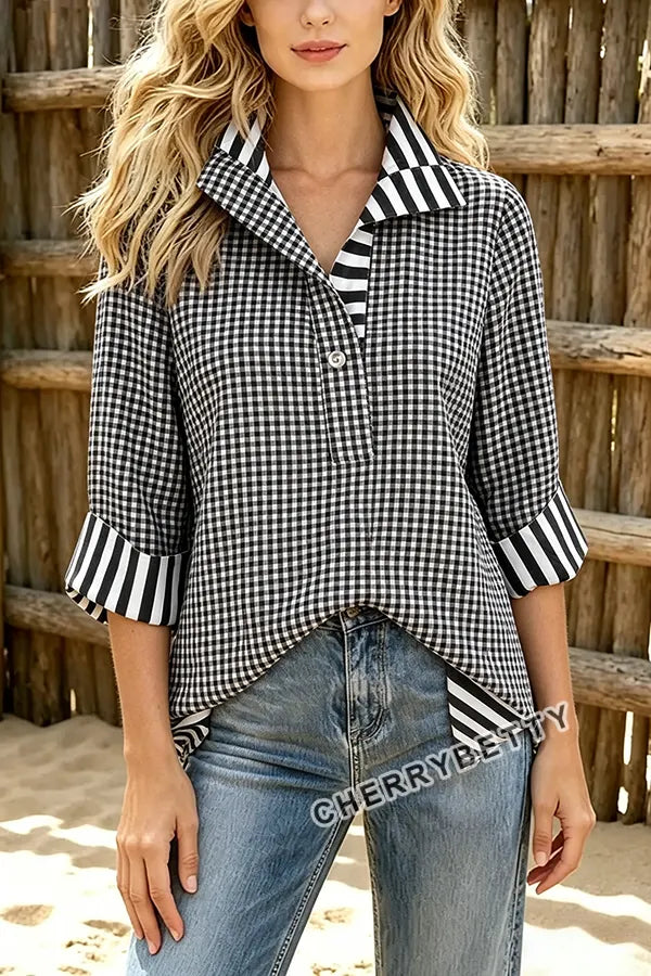 Classic Gingham Pattern Striped Collar Three Quater Sleeve Blouse