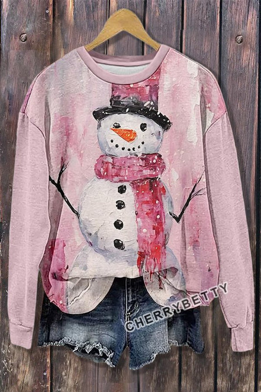 Sweet Christmas Snowman Print Long Sleeve Sweatshirt