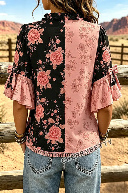 Mixed Floral Print Ruffle Neck Bow Decor Half Sleeve Blouse