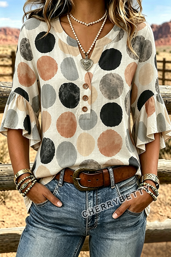 Colorful Polka Dot Print Notch Neck Ruffle Sleeve Top