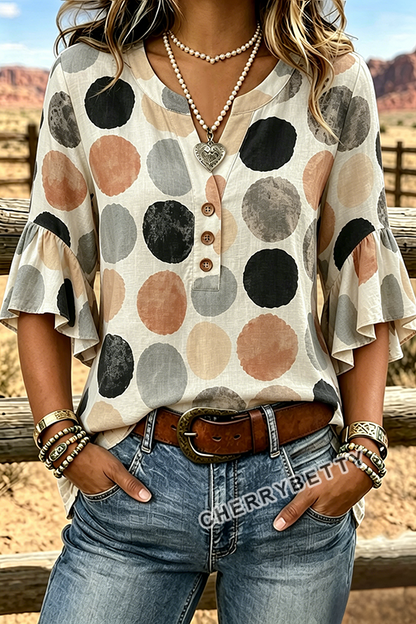 Colorful Polka Dot Print Notch Neck Ruffle Sleeve Top