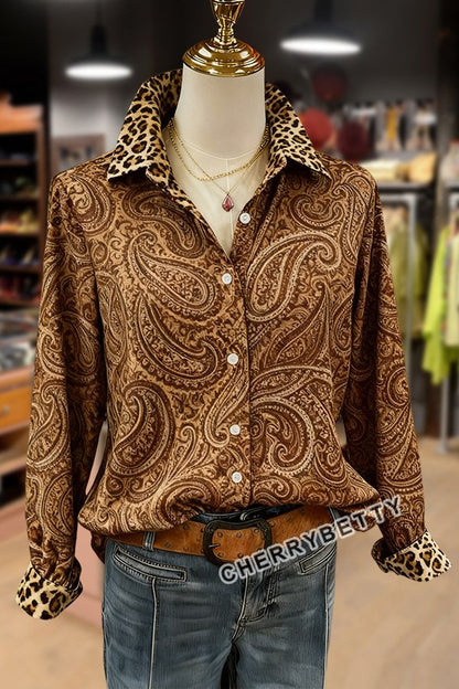 Vintage Paisley Print Leopard Collar Long Sleeve Blouse