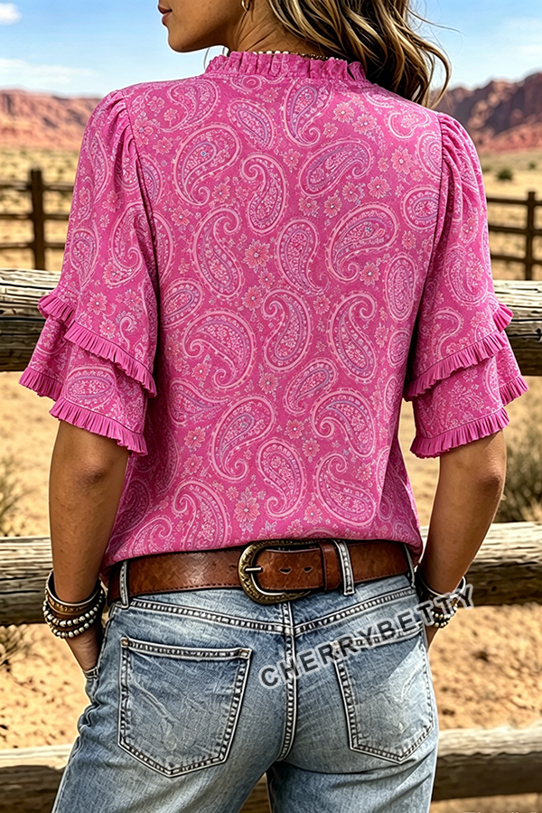 Vintage Paisley Print Ruffle Neck Frayed Hem Top