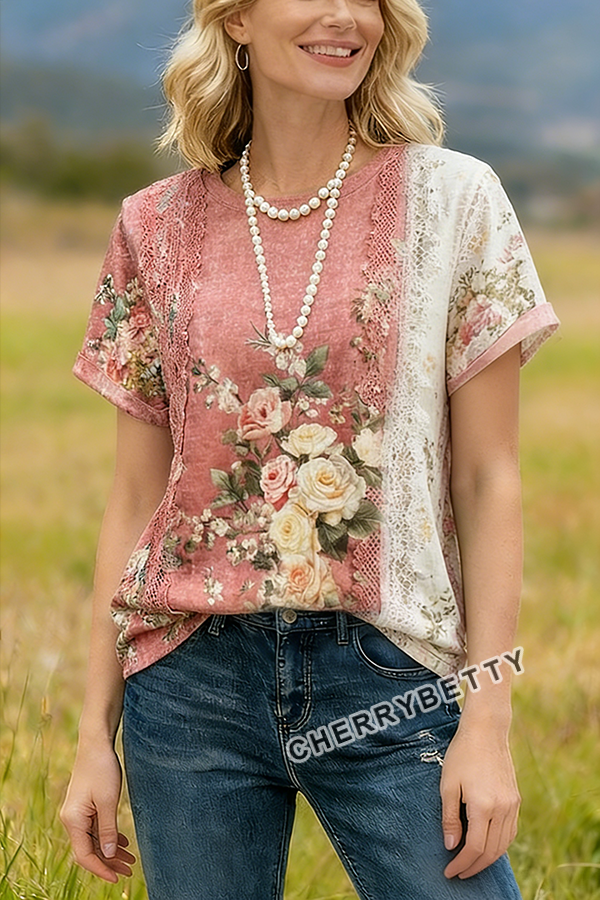 Vintage Floral Print Lace Patch T-Shirt