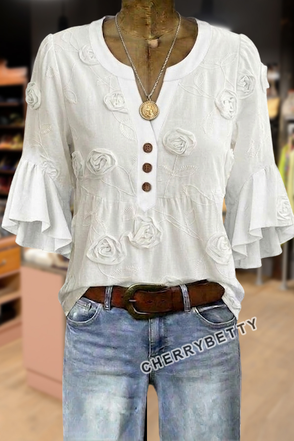 Vintage Rose Embroidered Notch Neck Ruffle Sleeve Blouse