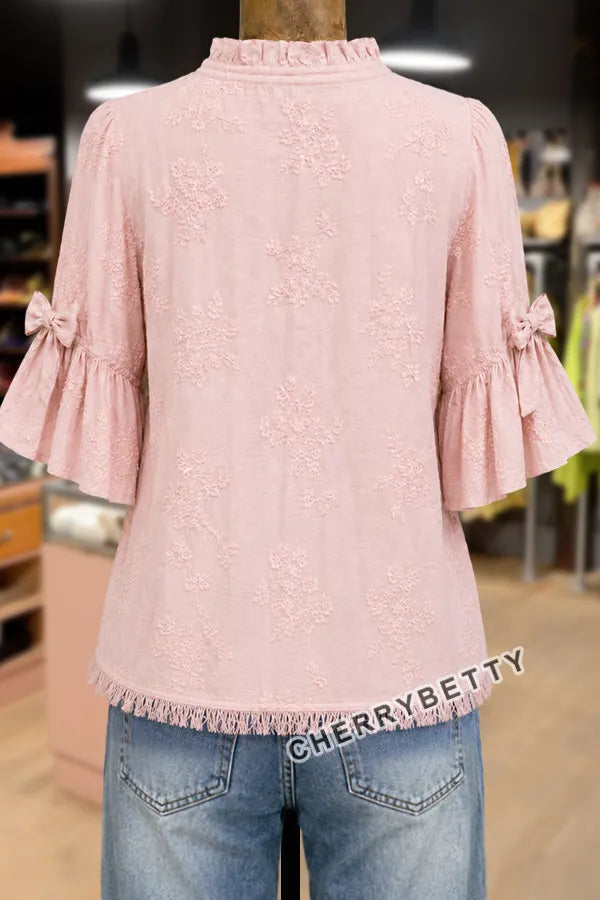 Elegant Flower Embroidered Bow Decor Half Sleeve Blouse