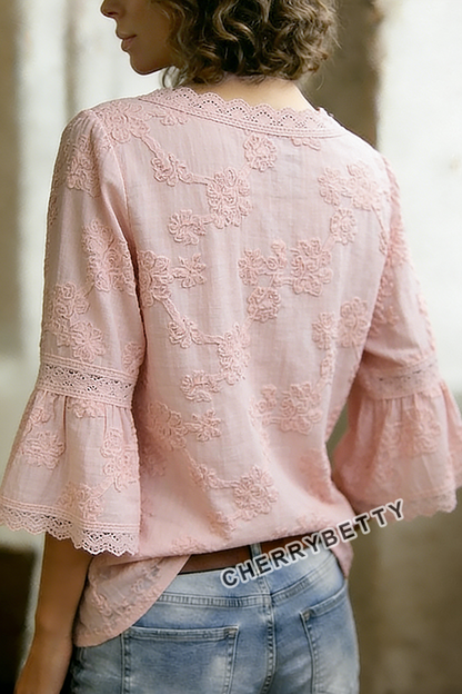Vintage Floral Embroidered V-Neck Lace Patch Cotton Blouse
