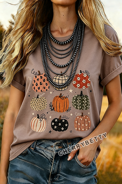 Vintage Pumpkin Print Round Neck T-Shirt