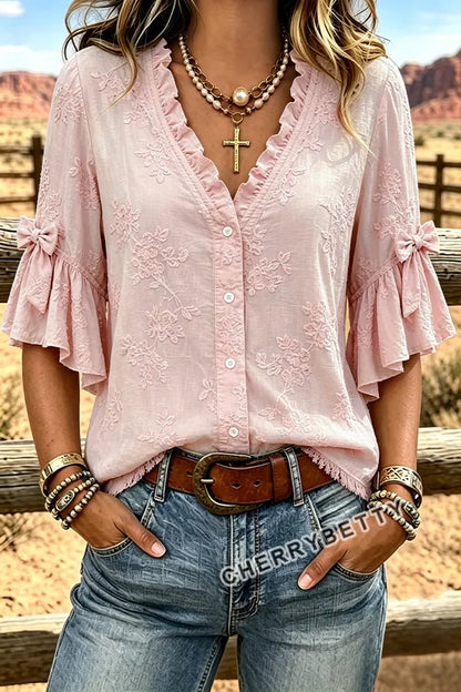 Elegant Flower Embroidered Bow Decor Half Sleeve Blouse