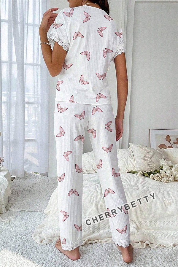 Cute Heart Print Lace Trim Cozy Pajama Set