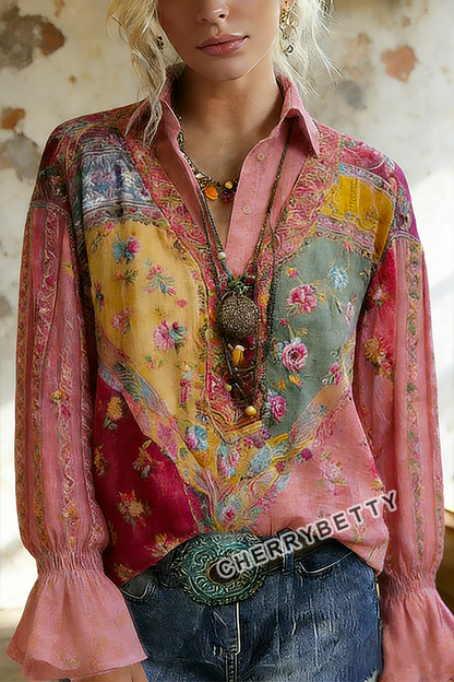 Multi Floral Print Collared Flared Cuffs Blouse