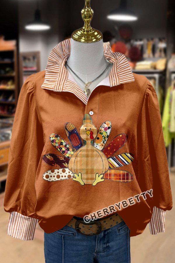 Chic Thanksgiving Turkey Print Striped Long Sleeve Top