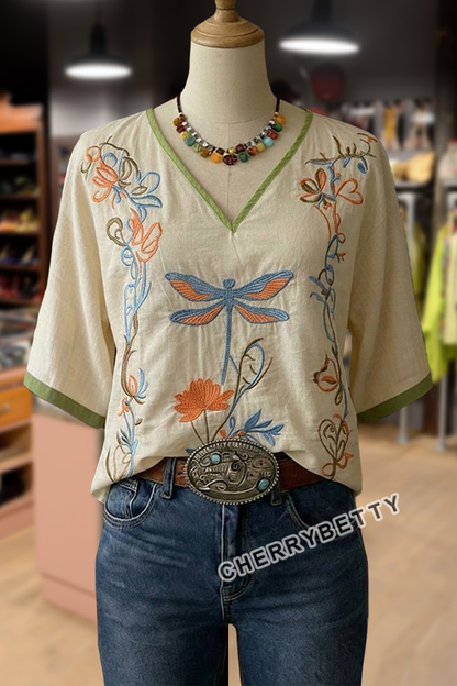 Retro Floral Embroidered V-Neck Short Sleeve Top