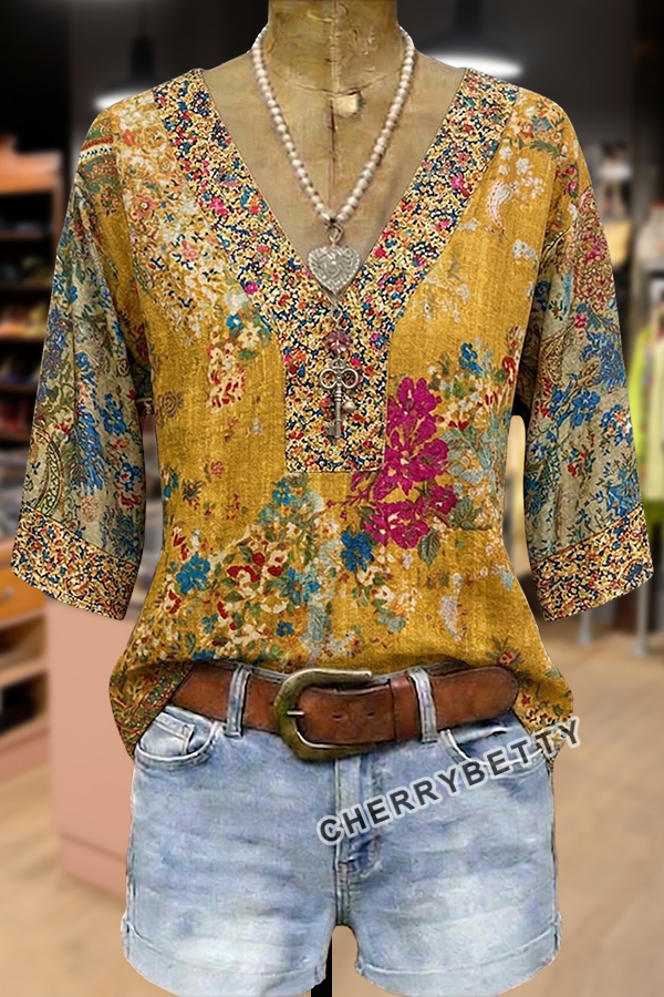Vintage Mix Floral Print V-Neck Top