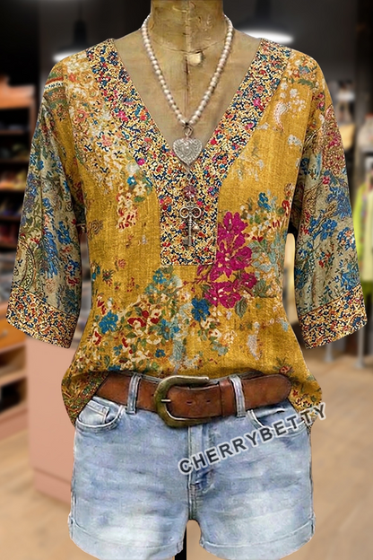 Vintage Mix Floral Print V-Neck Top