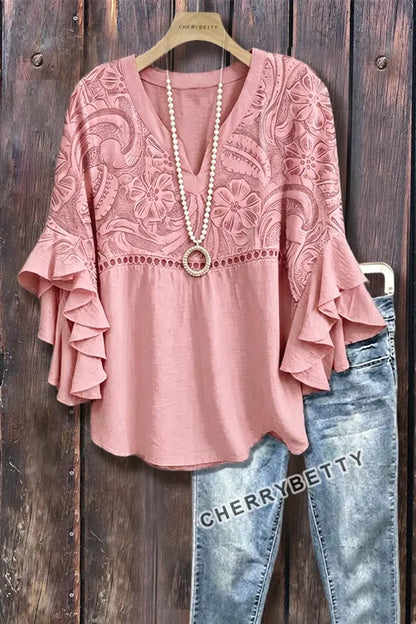 Vintage Floral Print Hollow Out Ruffle Sleeve Top