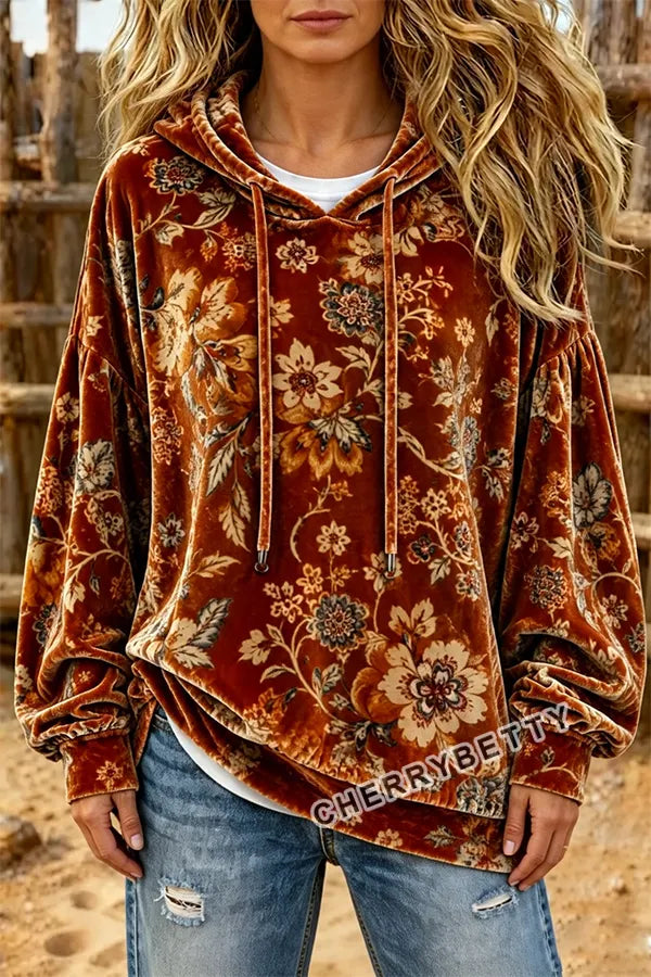Retro Floral Print Long Sleeve Velvet Hoodie Top