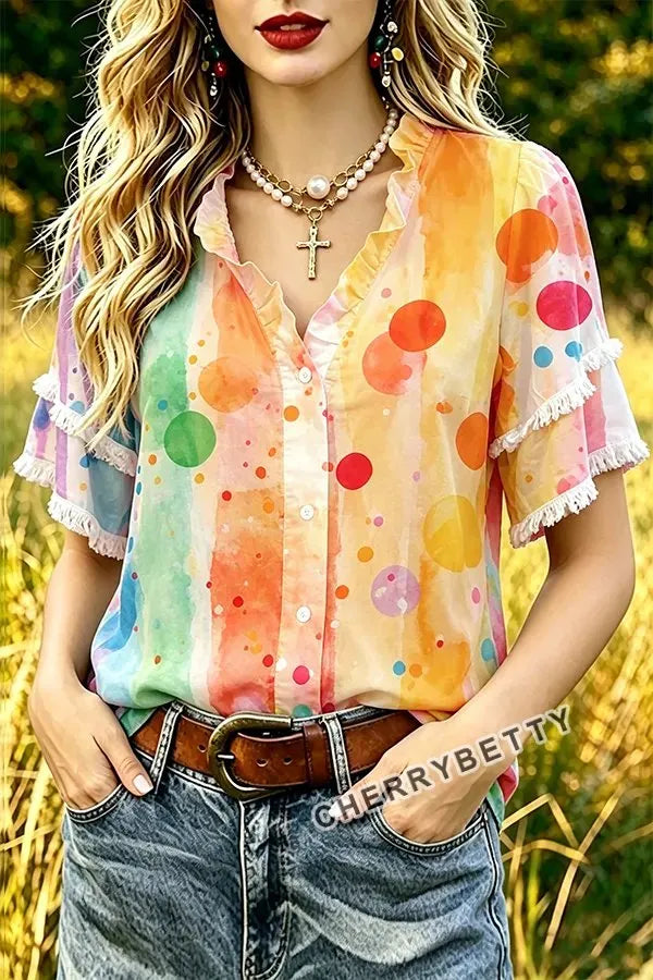 Colorful Polka Dot Print Ruffle Neck Frayed Hem Top