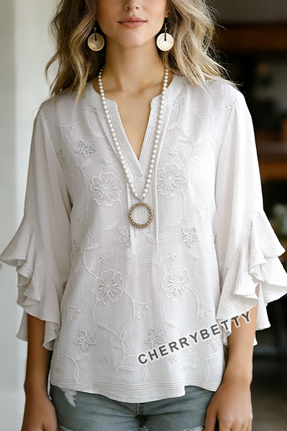 Solid Flower Embroidered V-Neck Ruffle Sleeve Cotton Blouse