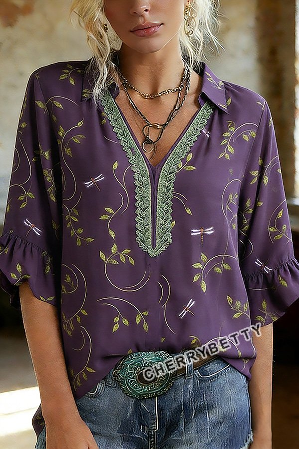 Vintage Floral Print Embroidered V-Neck Half Sleeve Blouse