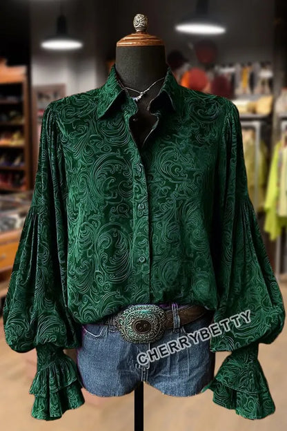 Vintage Floral Print Lantern Sleeve Velvet Top