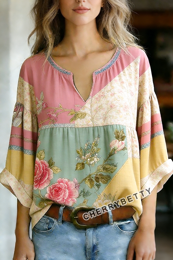 Retro Mixed Floral Print V-Neck Half Sleeve Top