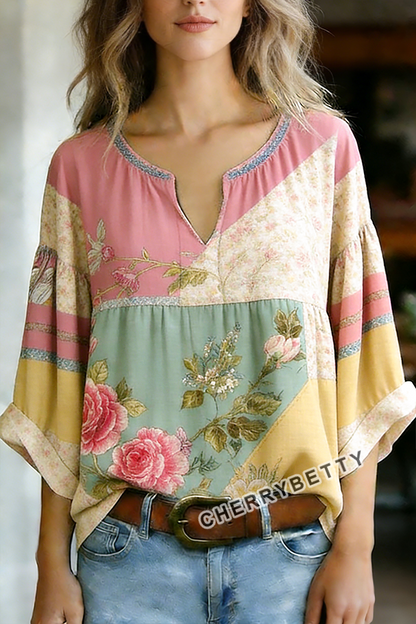Retro Mixed Floral Print V-Neck Half Sleeve Top