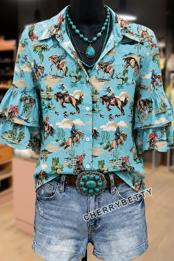 Western Cowboy Print Layered Ruffle Sleeve Blouse