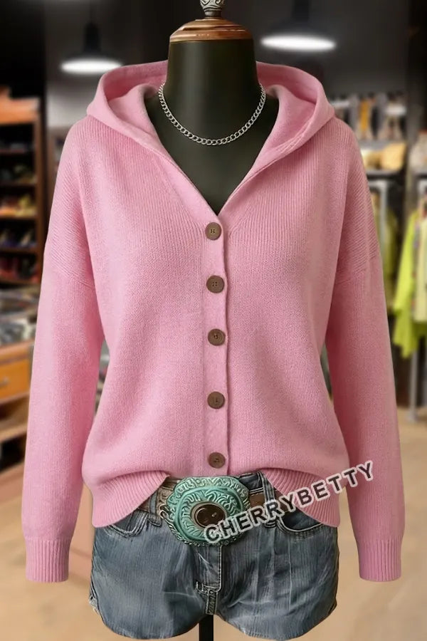 Solid Button Detailed Hoodie Sweater