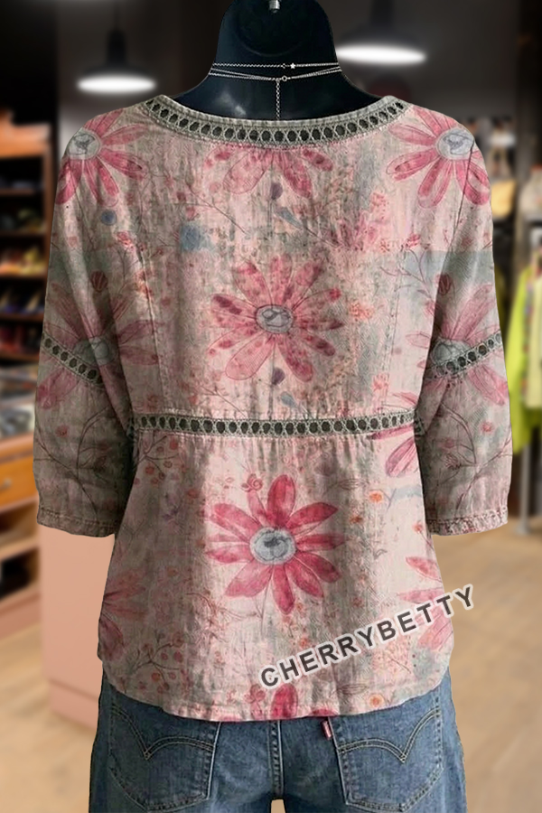 Vintage Floral Print Hollow Out Top
