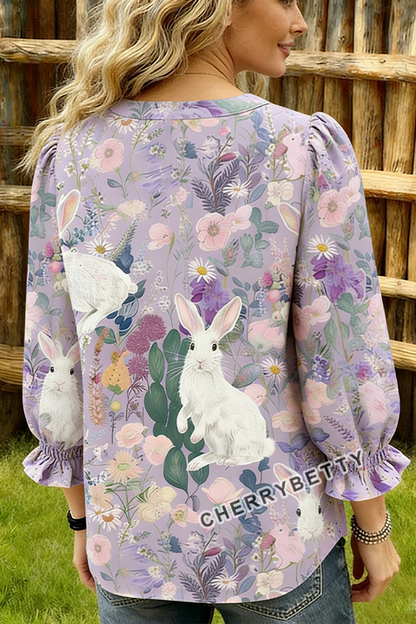 Easter Bunny Print V-Neck Puff Sleeve Top