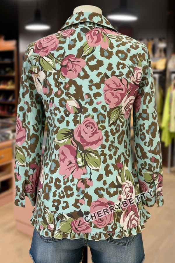 Leopard Floral Print Ruffle Trim Collared Jacket