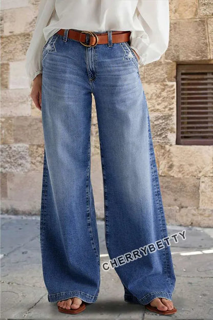 Chic Embroidered Pocket Straight Leg Jeans