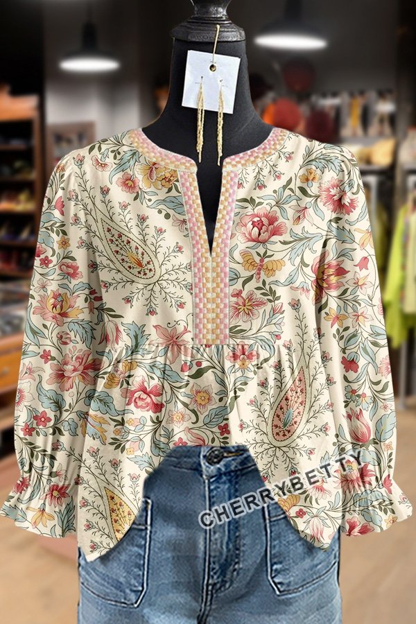 Paisley Floral Print Embroidered V-Neck Long Sleeve Top