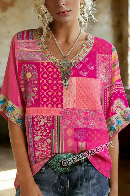 Mixed Floral Print V-Neck Blouse