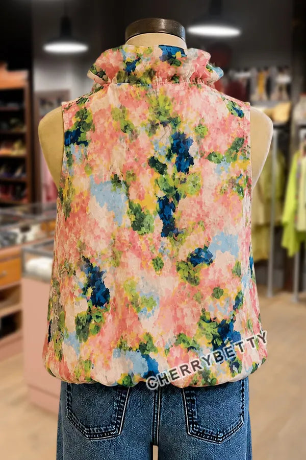 Art Floral Print Ruffle Neck Sleeveless Tank Top