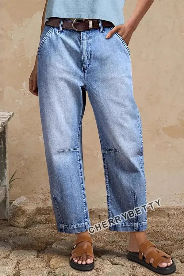 Vintage High Waist Light Wash Barrel Leg Cropped Denim Jeans
