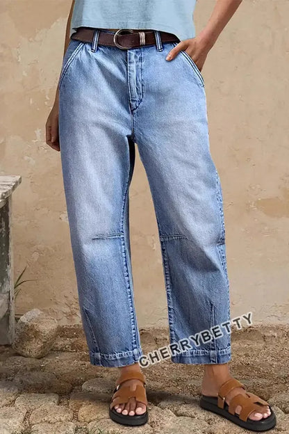 Vintage High Waist Light Wash Barrel Leg Cropped Denim Jeans
