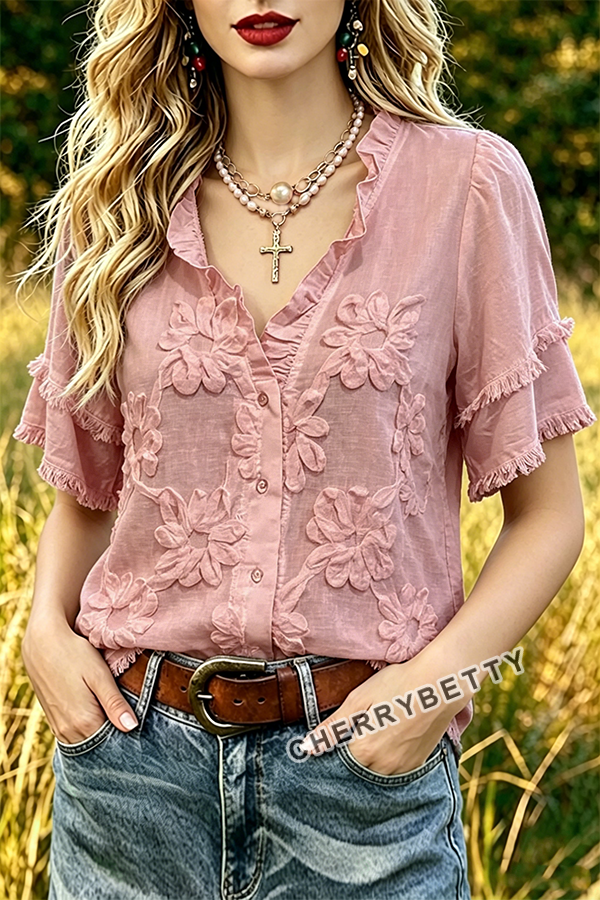Feminine Flower Jacquard Ruffle Neck Frayed Hem Cotton Top