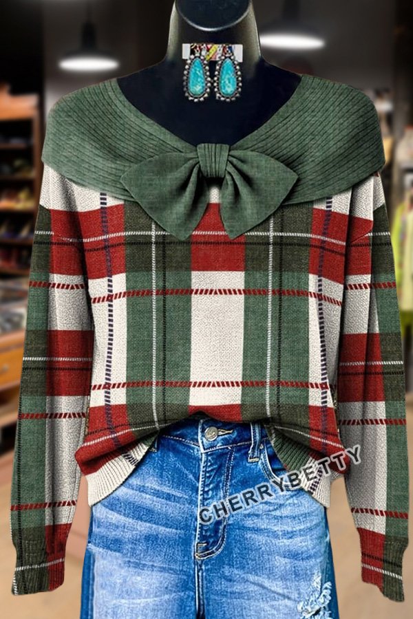 Classic Checkered Bow Detailed Long Sleeve Sweater