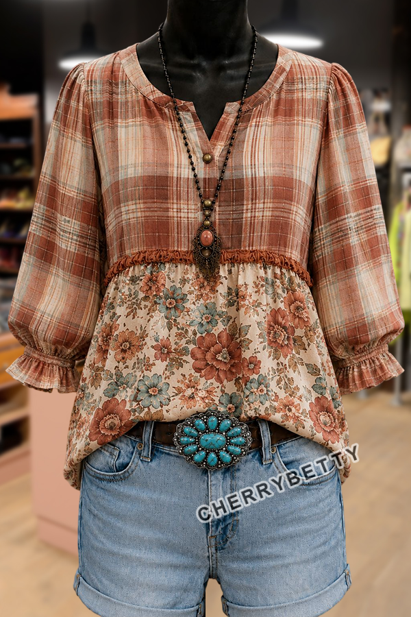 Mixed Plaid Floral Print Notch Neck Puff Sleeve Top