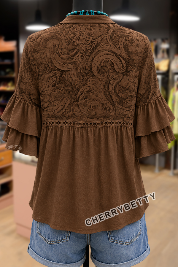 Gradient Paisley Print Layered Ruffle Sleeve Hollow Out Blouse