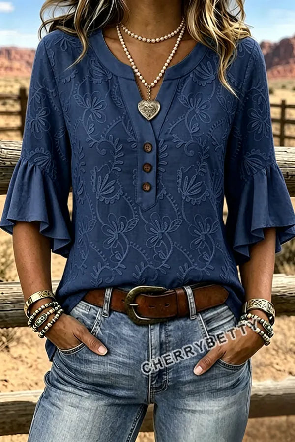 Vintage Flower Embroidered Notch Neck Ruffle Sleeve Blouse