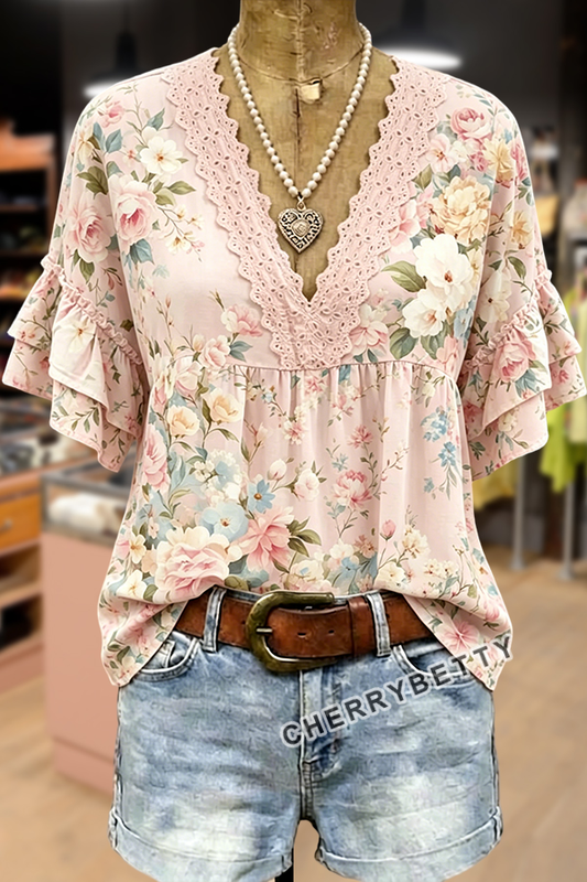 Spring Floral Print Eyelet V-Neck Ruffle Sleeve Top