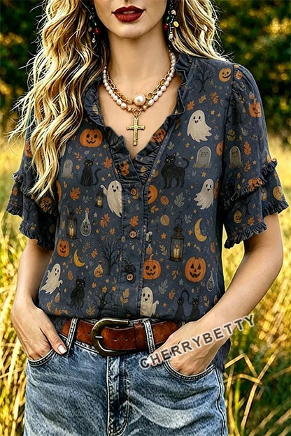 Retro Halloween Ghost Pumpkin Print Frayed Hem Top