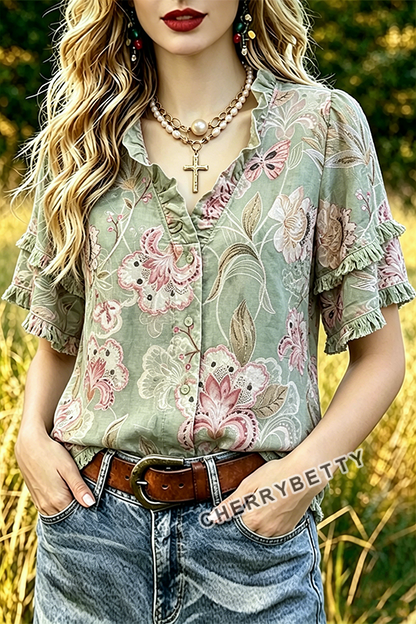 Vintage Floral Print Ruffle Neck Frayed Hem Top